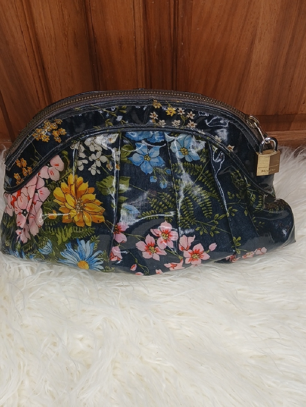 Floral Patent Wristlet Cosmetic Pouch - Black with Multicolor Flowers